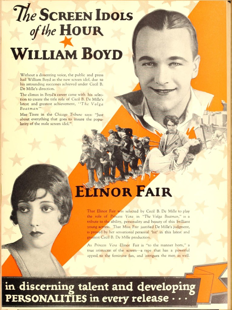 A vintage ad for stars in DeMille's stable. William Boyd and Elinor Fair were newlyweds at the time.