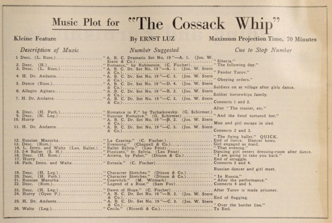 Original music cues for the film. Five reels lasted a maximum of 70 minutes.